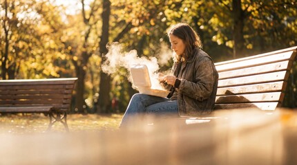 Fototapeta premium caucasian woman sitting on park bench eating hot steaming takeaway food from container. autumn outdoor lifestyle, golden hour. copyspace. banner, website header.