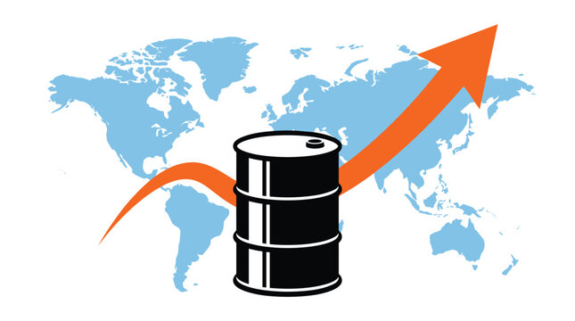 A generic black metal barrel sits in front of a stylized global map with a prominent orange upward trending arrow indicating worldwide energy price increases.