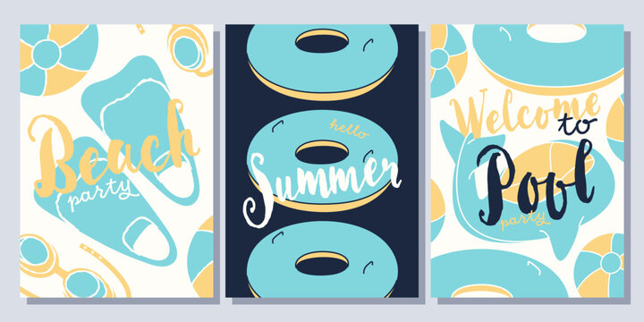 Set of three summer party posters featuring hand drawn beach and pool illustrations like fins, inflatable rings, and whale floats with modern typography and vibrant colors