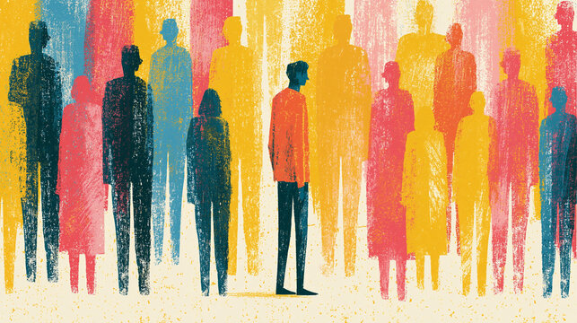 
Young man searching for community and belonging in expressive crowd illustration, 2d hand drawn watercolor painting
