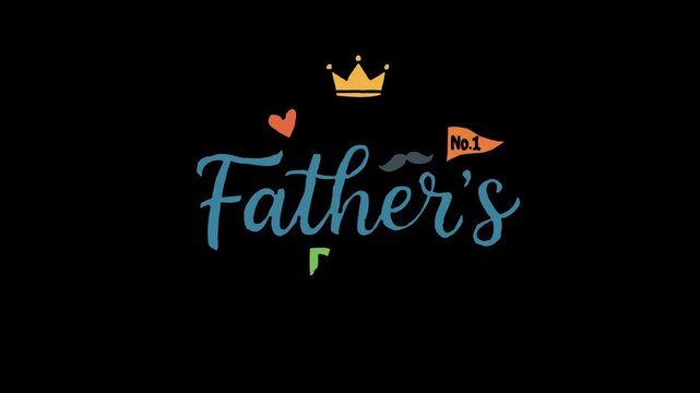 Happy Fathers Day lettering with golf clubs balls crown heart and mustache Hand Drawn Animation 4k animated video, alpha transparent video