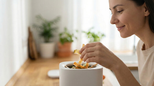 Smiling woman using modern kitchen composter for organic waste recycling at home.