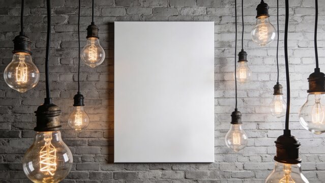  features a minimalist and industrial-style layout with a large, blank white canvas centered against a textured gray brick wall. Surrounding the canvas are multiple vintage-style Edison bulbs hanging 