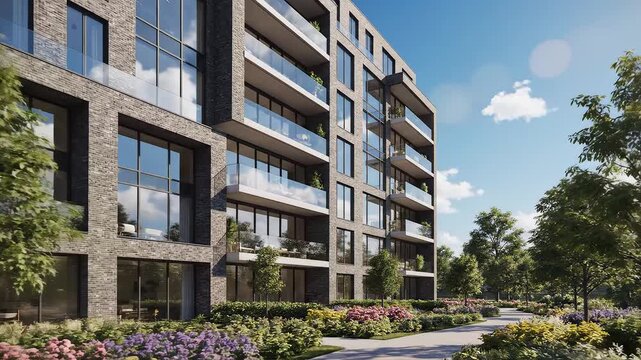Modern apartment building with gardens perfect for scenic backgrounds and natural storytelling