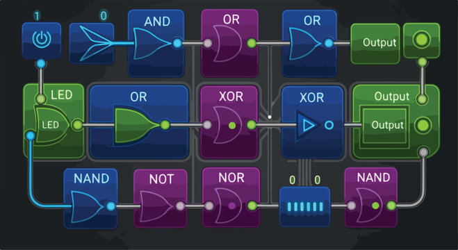 Digital logic gates circuit diagram, electronic schematic with AND OR XOR NAND NOT symbols, computer engineering vector illustration
