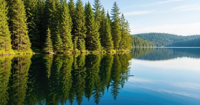 Tranquil lake scene reflecting evergreen forest and clear sky