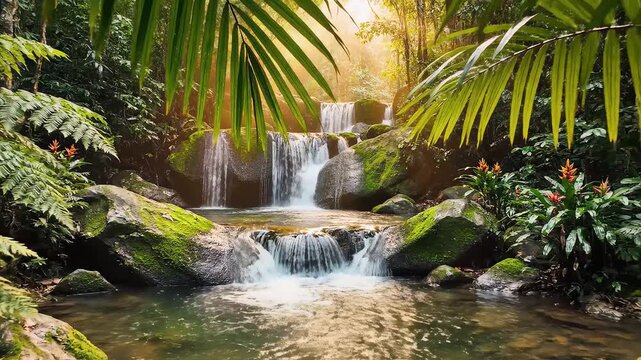 Jungle waterfall with lush greenery for cinematic landscapes and wilderness exploration