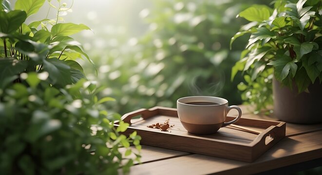 Cup of tea on tray with green plants.kaffe pause