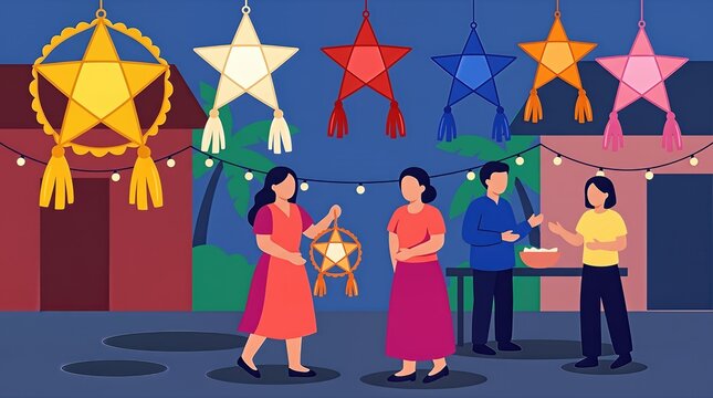 people celebrate with parols and string lights