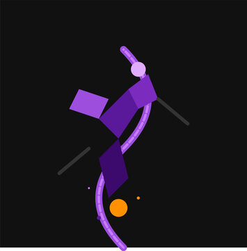 Abstract minimalist geometric representation of a purple soccer midfielder dribbling a ball through defensive lines.