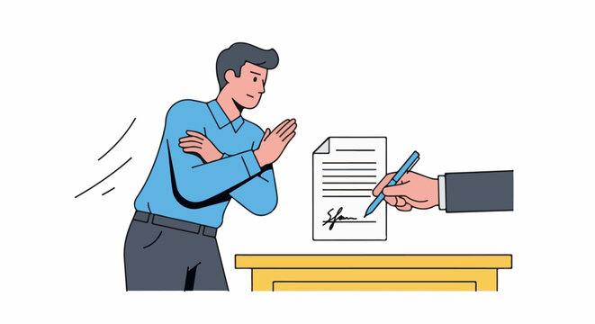 Man gesturing no to signing contract, hand signing document