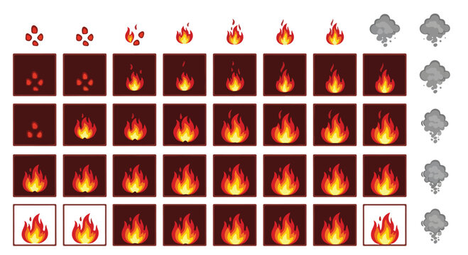 Fire animation sprite sheet, 2D game flame effects, burning bonfire sequence for mobile apps, smoke and ember particle vector set