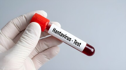 Obraz premium Gloved Hand Holding Hantavirus Test Tube in Clinical Laboratory for Viral Diagnosis and Research