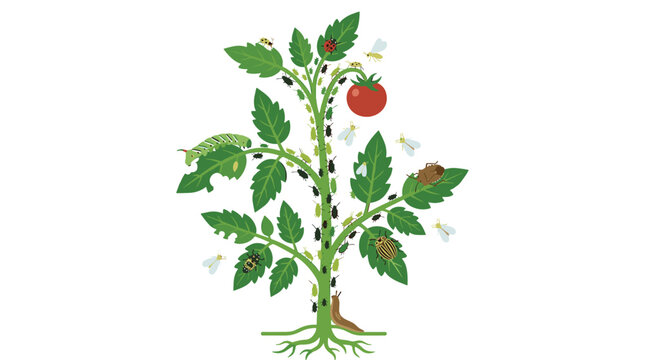 A detailed illustration of a single tomato plant with exposed roots in soil experiences an infestation of various beetles, caterpillars, and slugs on leaves.