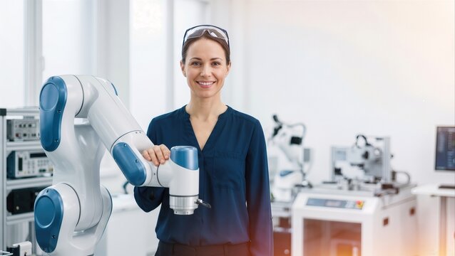 Robotics engineer interacting with collaborative robot arm in modern laboratory, showcasing advanced automation technology.