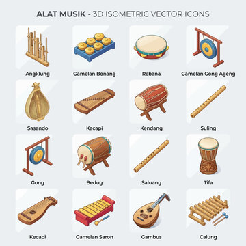 3D Isometric Vector Icons of Traditional Indonesian Musical Instruments