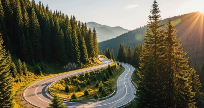 Winding road through lush forest and majestic mountains under sunlight