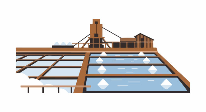 Industrial salt evaporation ponds with wooden structures and water