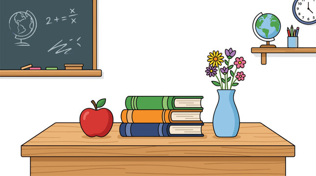 A school desk setup features a blackboard with math equations alongside a stack of three colorful books, a fresh red apple, and a delicate floral vase arrangement.
