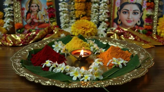 Traditional brass puja plate with red kumkum, yellow turmeric powder, and fresh green neem leaves for Aadi Velli festival ritual and Hindu worship.