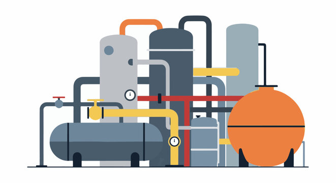 Industrial facility with pipes, tanks, and pressure gauges