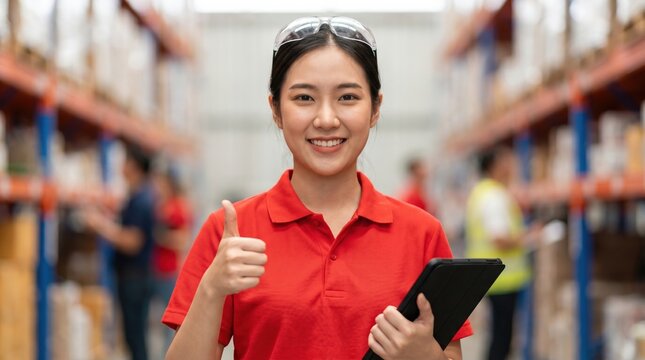 Smiling young woman in red polo and safety glasses gives thumbs up while holding tablet in busy warehouse aisle, conveying confidence and efficient teamwork