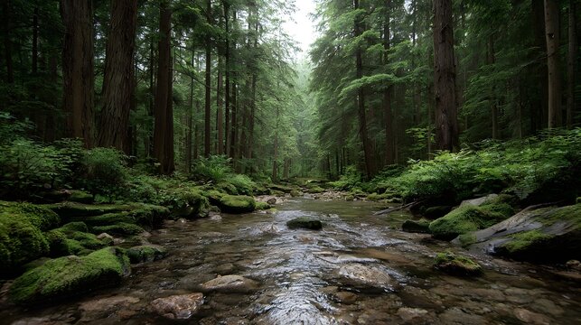 A tranquil view of a shallow stream flowing through a dense moss covered temperate forest wilderness