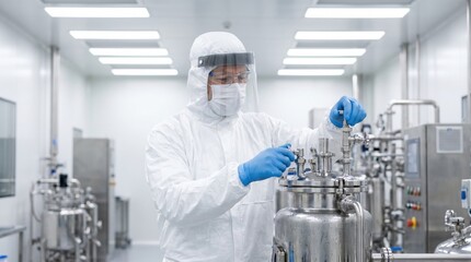 Naklejka premium Scientist in full sterile protective suit and face shield adjusting stainless steel bioreactor valves in cleanroom laboratory, focused on precision and contamination control