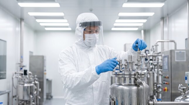 Scientist in full sterile protective suit and face shield adjusting stainless steel bioreactor valves in cleanroom laboratory, focused on precision and contamination control