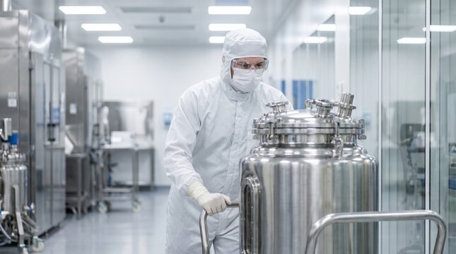 Scientist in sterile cleanroom suit pushes stainless steel bioreactor cart through gleaming pharmaceutical laboratory, conveying precision research and controlled sterile production environment