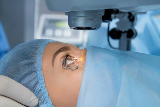 Close-up of modern eye surgery for cataract removal or laser vision correction. Ophthalmologist performs precise microsurgery using advanced equipment in sterile clinic