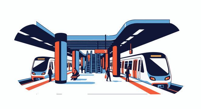 Modern subway station with trains and people on escalators and platforms
