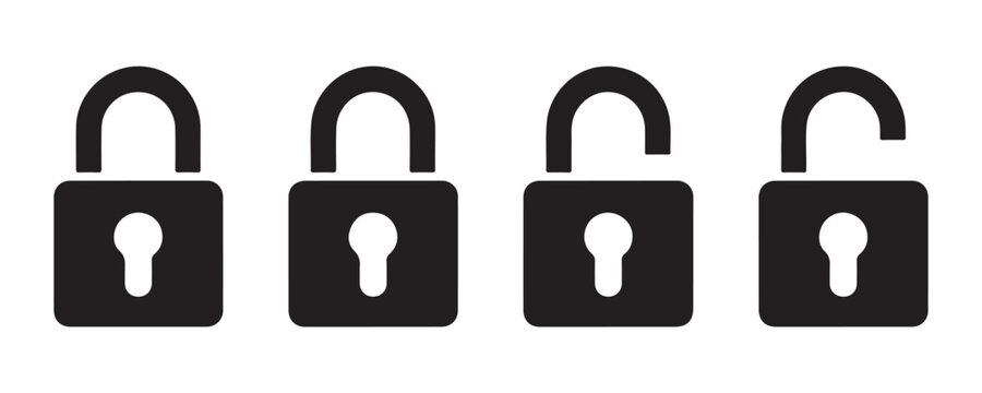 Set of four black padlocks with different levels of open shackle isolated on transparent checkered background.
