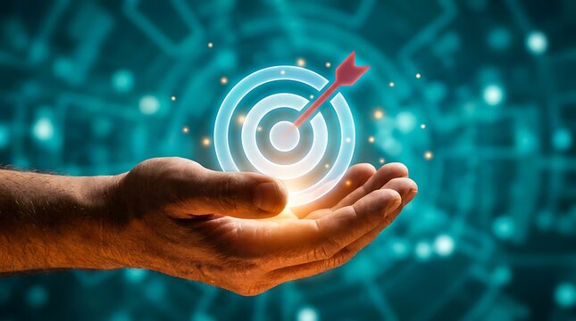 Hand holding illuminated target with arrow and digital background achievement bullseye illuminated background precision