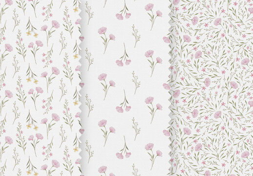 Watercolor seamless floral pattern set with pink meadow flowers and botanical elements for fabric and wallpaper