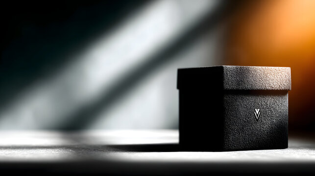 Minimalist molded pulp box with textured black surface casting dramatic light and shadow, staged on concrete floor with warm rim light and high contrast mood