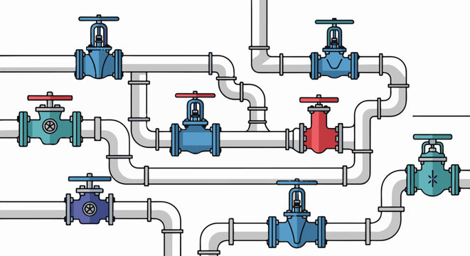 Intricate plumbing system with various colored valves and pipes