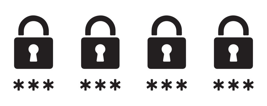 Four black padlocks with asterisk symbols on transparent background, security and access.