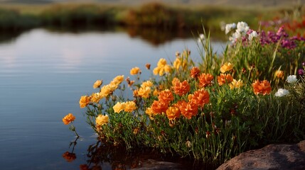 Fototapeta premium Vibrant wildflowers blooming along a tranquil pond bank reflecting the soft light of the late afternoon