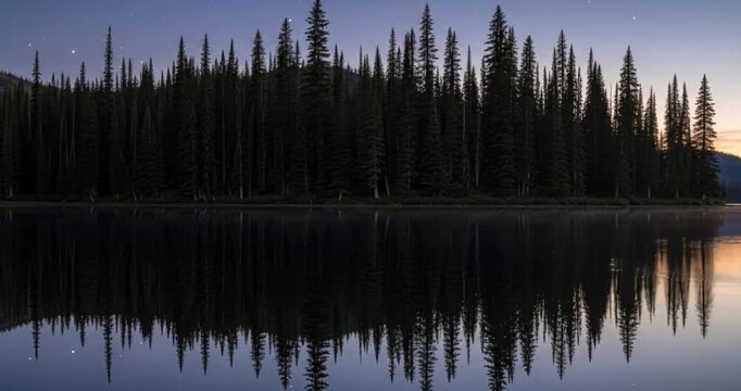 Tranquil lake reflection silhouette of evergreen forest at dusk