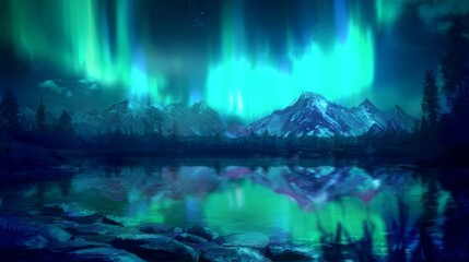 Fototapeta premium Realistic Aurora Borealis Landscape with Emerald Light Ribbons over Reflective Lake, Icy Peaks, and Textured Stone Foreground