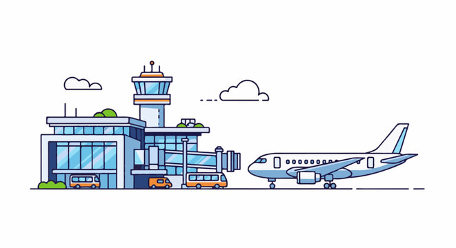 Modern airport terminal with control tower, passenger jet, and shuttle buses