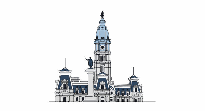 Ornate building with clock tower and statue, gray, blue, white