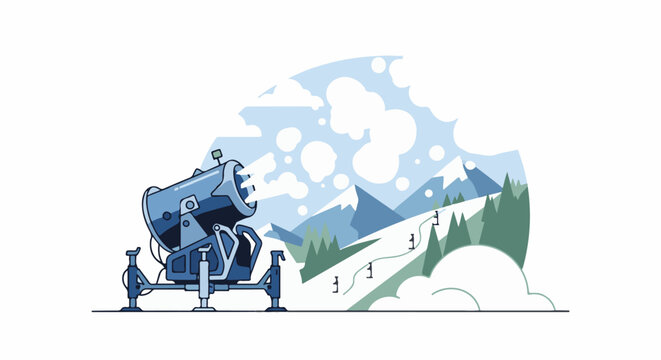 Machine sprays snow on a ski slope with mountains and trees