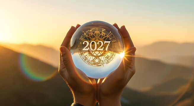 Person holding crystal ball with year 2027 inside at sunset with mountains background predicting future and new beginnings with light flare and lens effect.