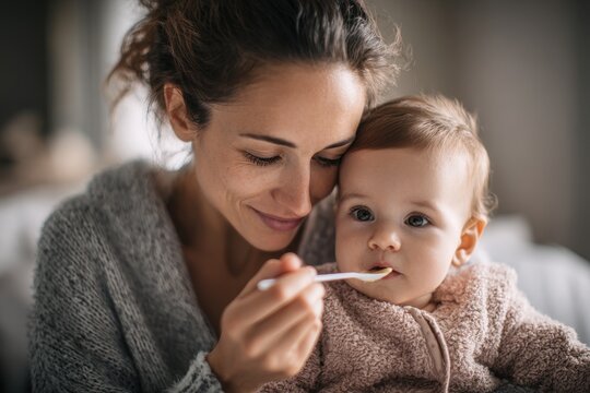 Close-up of a mother spoon-feeding her baby at home, a warm cozy bonding moment