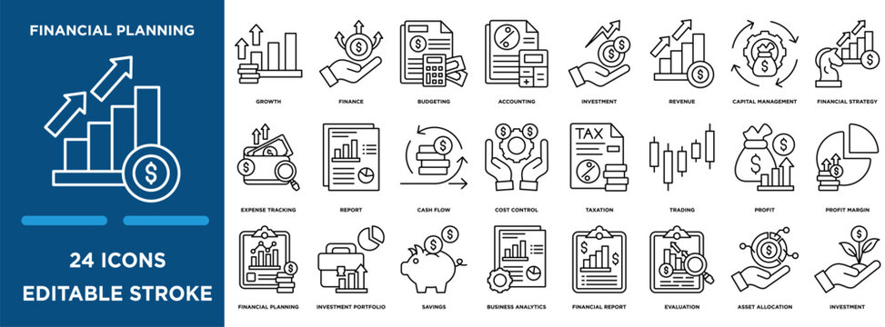 Financial planning  icon collection set. Containing design growth, finance, budgeting, accounting, investment, revenue, and capital management icon. simple line vector editable	