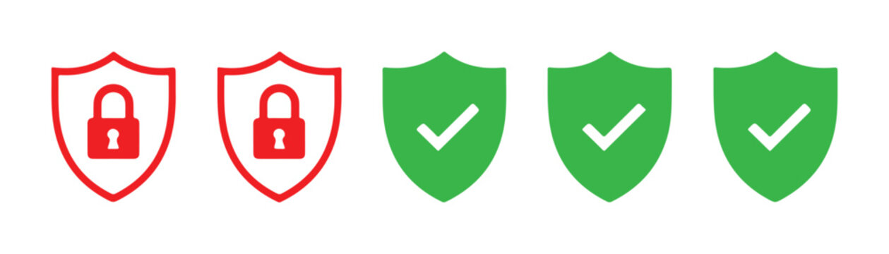 Red and green shield icons with lock and check mark for status security and safety authentication interface.
