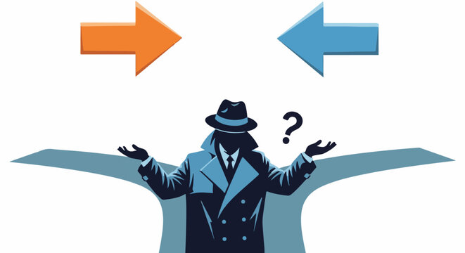 Mysterious figure at a crossroads, unsure of direction, with opposing arrows
