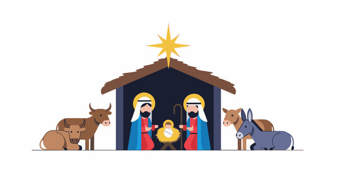 Nativity scene with stable, holy family, animals, and guiding star